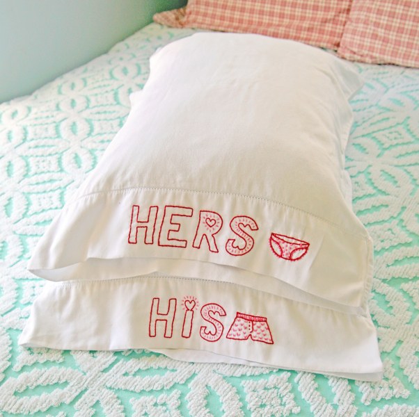 His and Hers hand embroidered pillowcases - 25+ Sweet Gifts for Him for Valentine's Day - NoBiggie.net